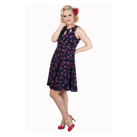 NWT X-Small Dancing Days Retro Cherry Keyhole Navy Dress ModCloth - Picture 2 of 8